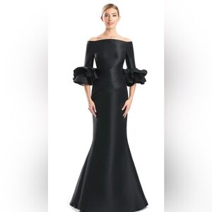 Alexander by Daymor Elegant Black Ruffle Sleeve Evening Gown